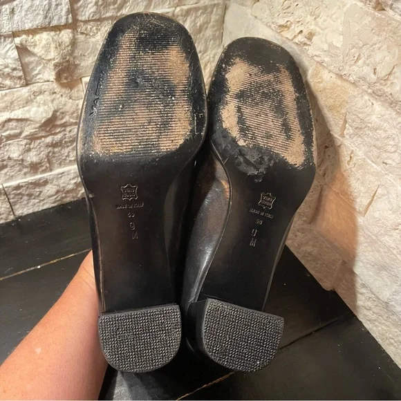 Via Spiga Square Toe Leather Black Heels Sz 9 Made in Italy Vintagr 90s - Picture 9 of 11